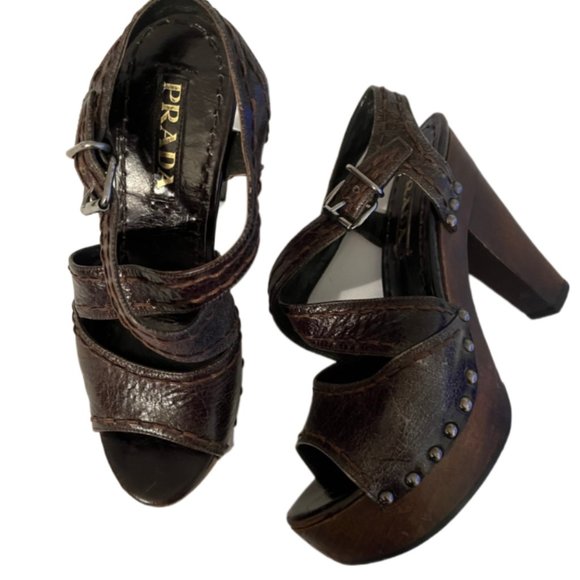 Prada distressed leather, wood platform/heel shoes Size 5 - Picture 4 of 10